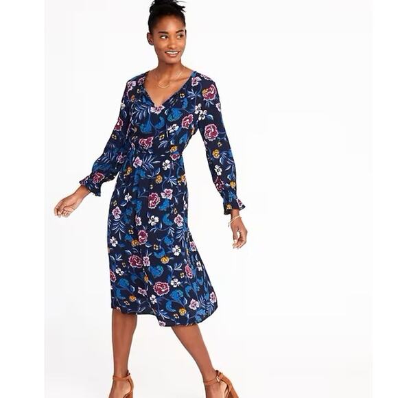 Old Navy Midi Dress Womens XL Dark Floral Long Sleeve Ruffle Navy Blue Romantic - Picture 1 of 9